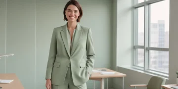 Woman in modern sage green power suit in a minimalist office