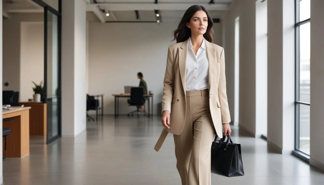 Professional woman in relaxed tailored outfit walking in office