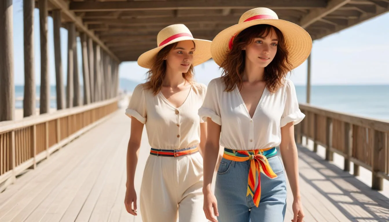 Woman in wide-brimmed straw hat on boardwalk, enjoying sun-protected summer day.