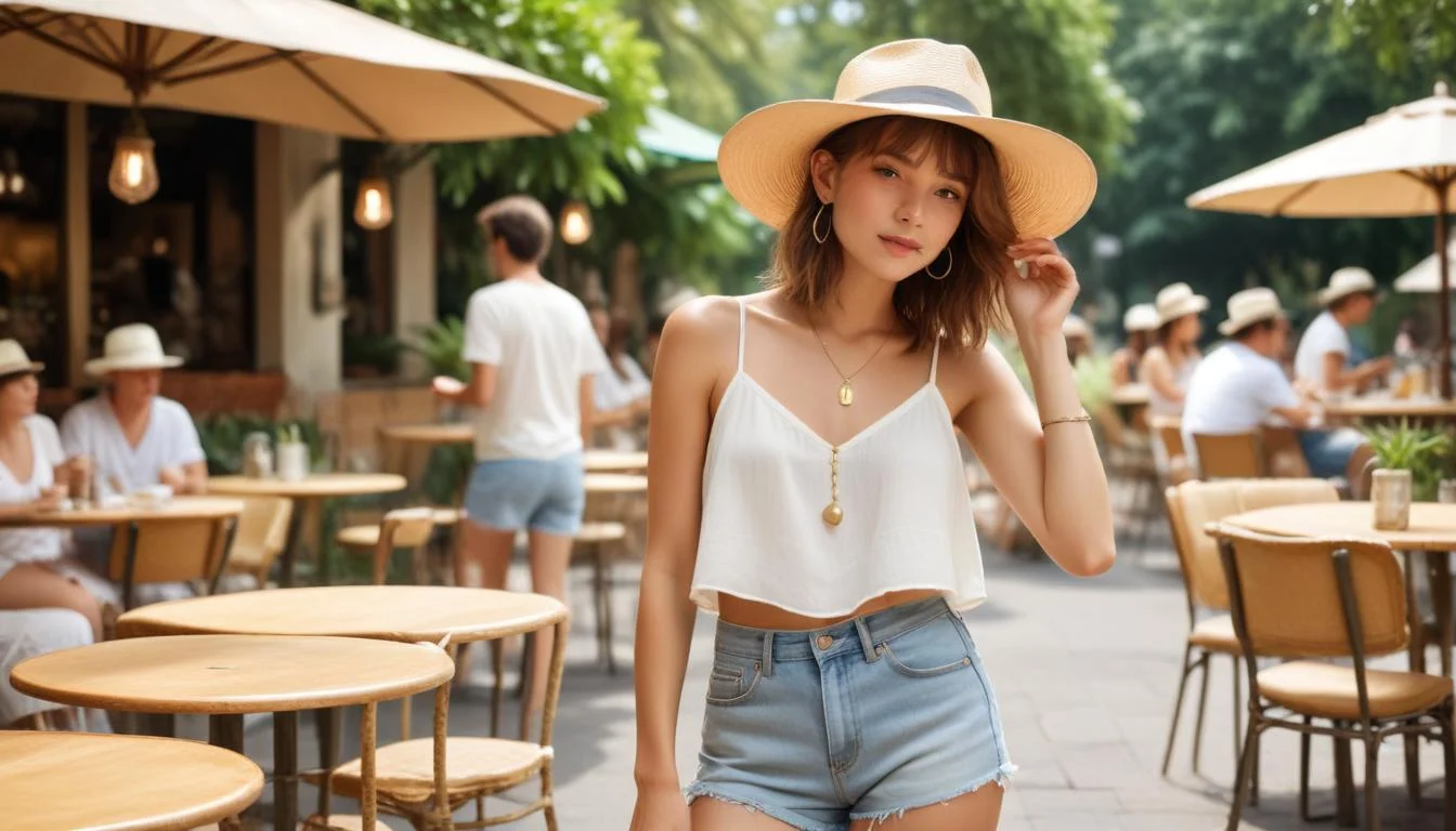 Woman in summer layered outfit, linen shirt, tank top, denim shorts, straw hat