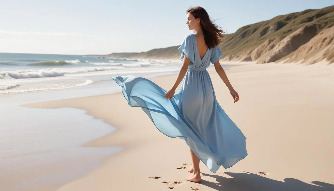 Woman in flowing light blue Tencel dress walking on a sunny beach.