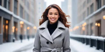 Stylish woman in sophisticated winter coat walking in snowy city