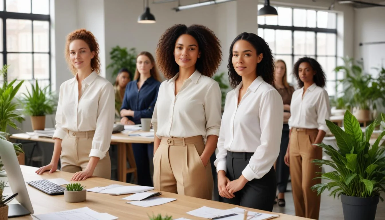 Professional women in sustainable workwear in a modern office